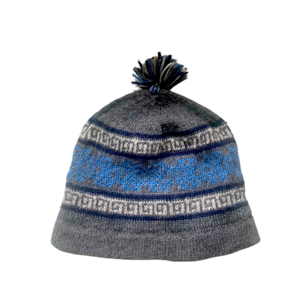 Hand Knit Alpaca Mix Beanie Peru Hat Kids Ski Fleeced Lined Blue Gray